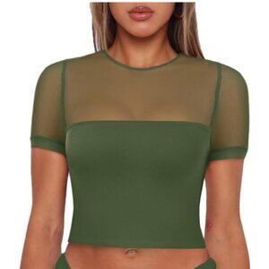 ReoRia Olive Green Sexy Crew Neck Short Sleeve Sheer Mesh Crop Top Size Medium